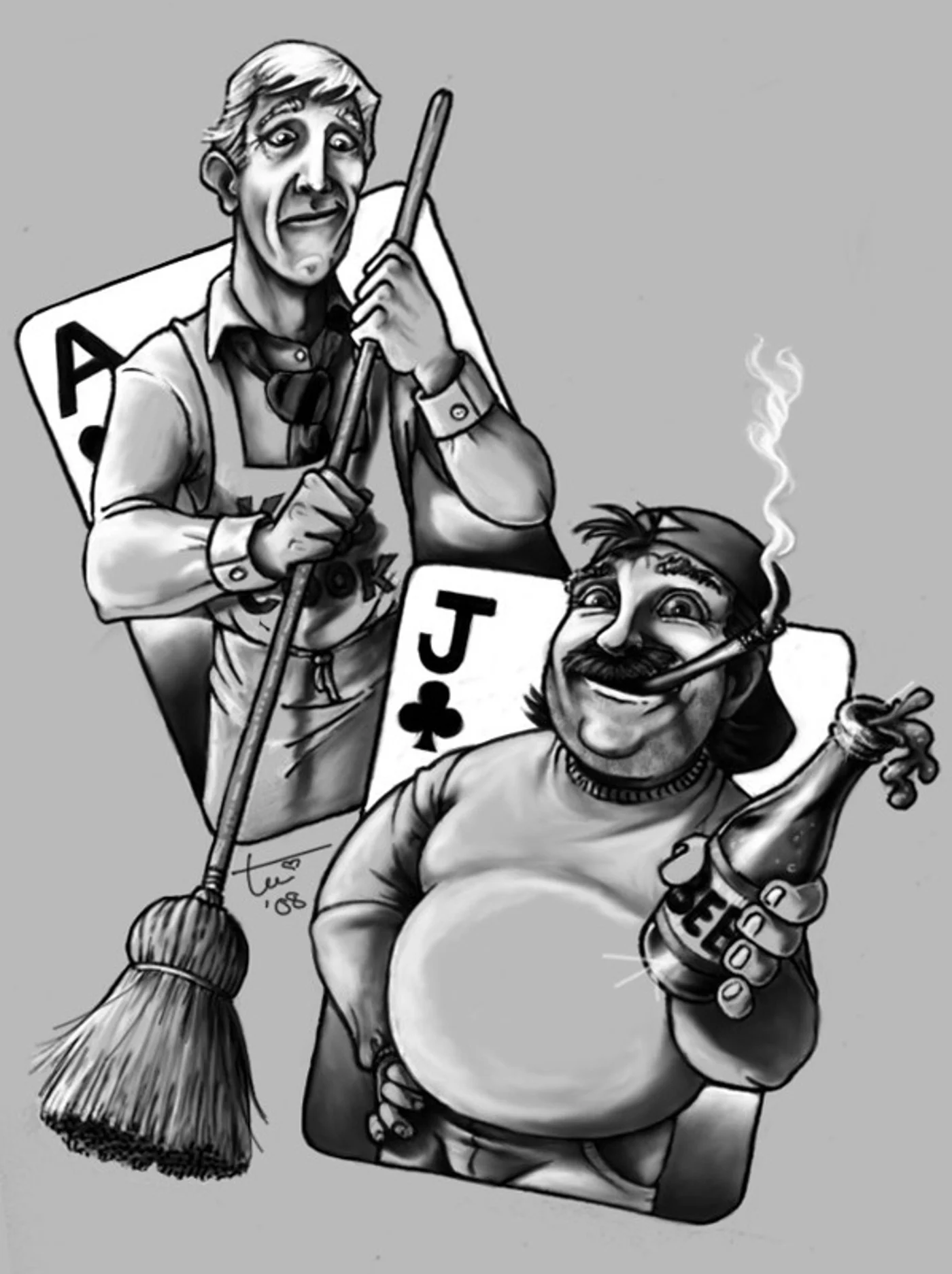 Grayscale caricature of two contrasting figures with playing card motif